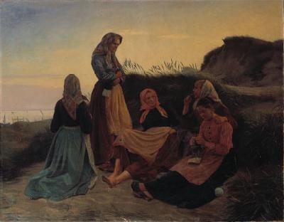 Michael Ancher Girls gathered on Sladrebakken a summernight eve oil painting picture
